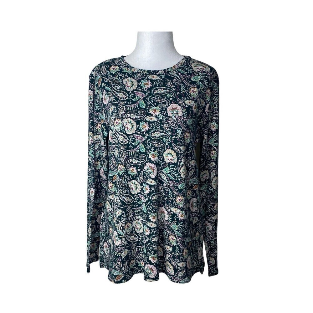 J. Jill Shirt Womens Medium Green Floral Paisley 100% Pima Cotton Crew Neck